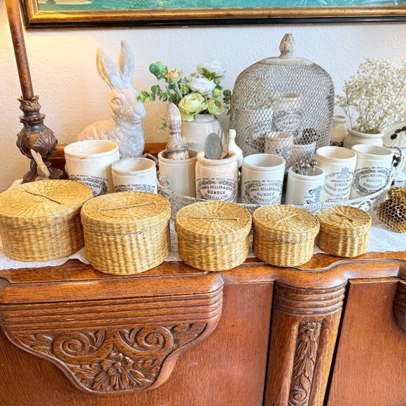 5 Vintage Woven Nesting Baskets with Handles - Picture 5 of 17